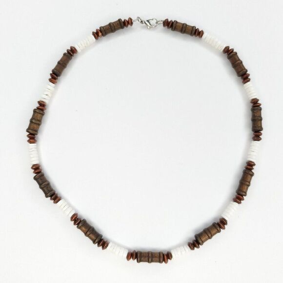 Puka Shell Round Disk Necklace Brown Wood Beads Lobster Claw Surfer Beach - Picture 1 of 4